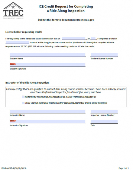 ICE Credit Request for Completing a Ride Along Inspection